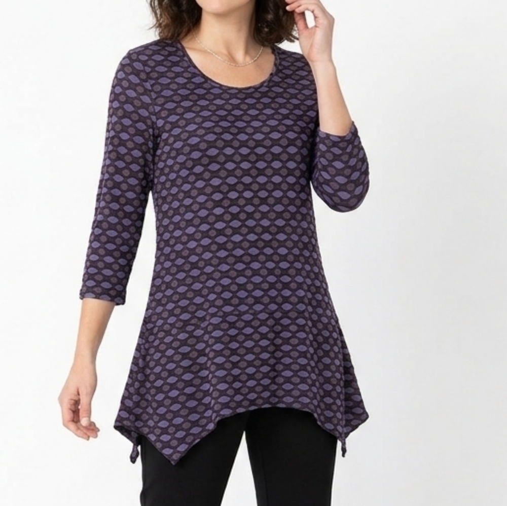Tianello by Steve Barraza Asbury Tunic M Purple Black Jacquard 3/4 Sleeve